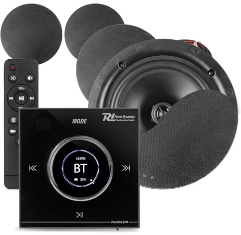Powerline B100B Bluetooth Ceiling Speaker Kit, 4 x 8 Low Profile Black Speakers, In Wall Amplifier, Complete Home Audio with Bluetooth 5.0, Remote, LCD Control – Discreet Installed Audio System