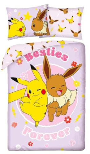 POKEMON Pikachu Eevee Besties Forever – Bettwäsche-Set Bettbezug 140 x 200 cm + Kissenbezug 70 x 90 cm – wendbar – 100 % Polyester – Farbe Rosa