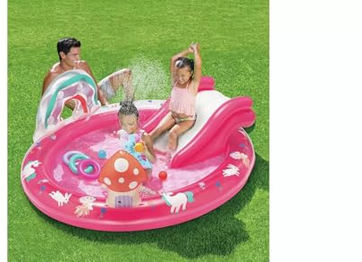 Unicorn & Rainbow Inflatable Play Centre, Kids Paddling Pool with Slide and Water Sprayer, Outdoor Garden Splash Pool for Children, Summer Water Play Centren - 97L