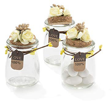 Tarro de cristal (20 unidades) con tapón de corcho. Bombonera porta caramelos. Con adorno hecho a mano: flores y pistilos. Etiqueta de temas naturales. amarillo