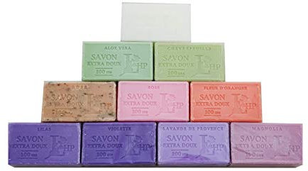 Lot de 9 Savons de Marseille Senteurs Florales avec 1 savon offert - Muguet, Aloe Véra, Chèvrefeuille, Rose Feuille, Rose, Fleur d'Oranger, Lilas, Violette, Lavande, Magnolia