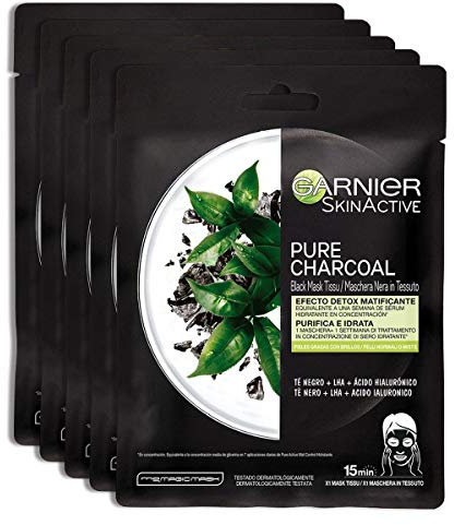 Garnier Maschera in Tessuto Purificante e Idratante Skin Active Pure Charcoal, Per Pelli da Normali a Miste, Effetto Detox Opacizzante, Con Carbone, Acido Ialuronico, LHA e Tè Nero, Confezione da 5