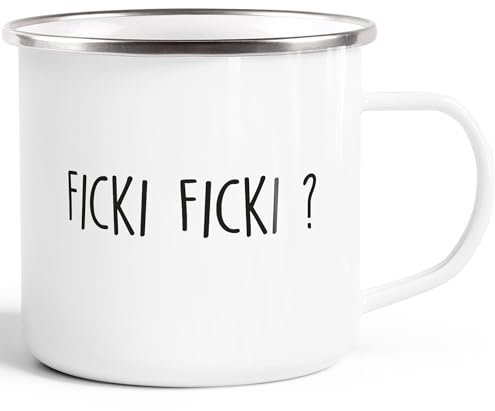 Moonworks® Emaille-Tasse Becher mit Spruch Ficki Ficki? Motiv lustig Ironie weiß-metall Emailletasse