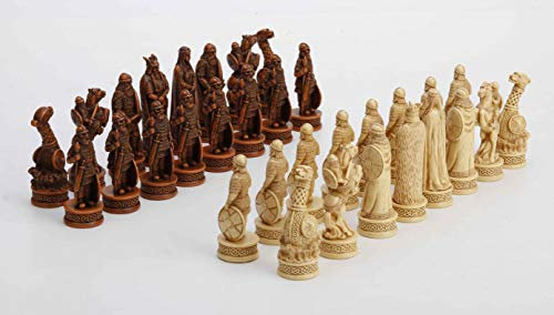 Intricately Detailed Viking Warriors Resin Chessmen Set - 32 Aged Finish Chess Pieces with Endless Knotwork Accented Bases - Viking Themed Home Accessories