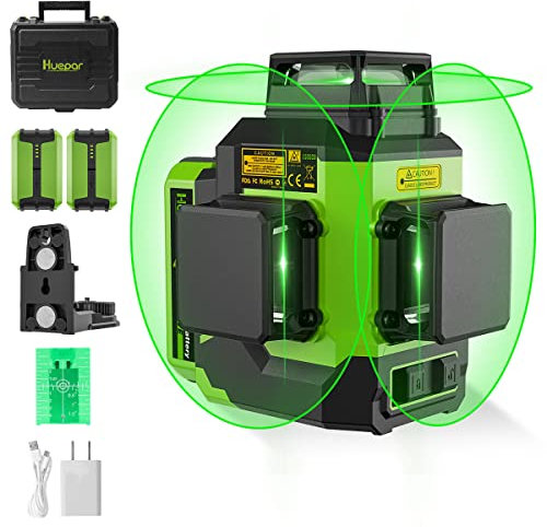 Livella Laser Autolivellante 3x360°, Huepar Livello Laser Verde 12 Linee 3D Livelle Laser con Modalità Impulso per costruzioni esterne, Batteria al Litio Ricaricabile USB, Base magnetico includere