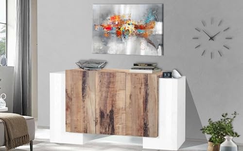 Dmora - Kommode Logan, Küchen-Sideboard mit 5 Türen, Wohnzimmer-Buffet, 100 % Made in Italy, 170 x 45 x 85 cm, glänzendes Weiß und Ahorn,