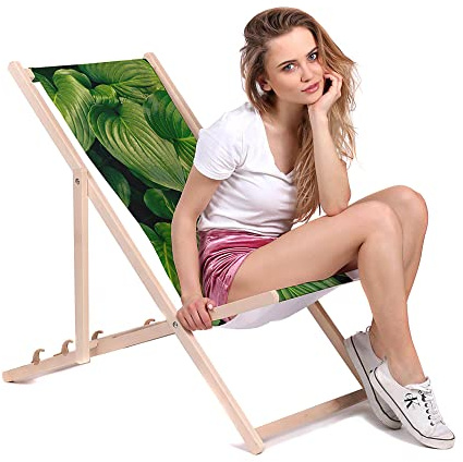 DreamRoots Liegestuhl klappbar Buchenholz, Big Green Leaves | Klappliegestuhl Holz, Buchenholz, bis 130 kg, 3-fach verstellbar, waschbarer Polyesterbezug, für Garten & Terrasse