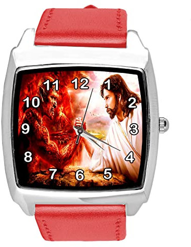 Armbanduhr Teufel vs Jesus, Leder, quadratisch, Rot