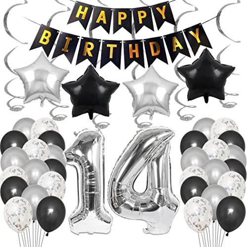 Borsgye 14. Geburtstag Dekoration Set 14 Jahr Geburtstagsdeko Ballon Männer Junge Frauen Schwarz Happy Birthday Banner Folie Sterne Luftballons Konfetti Luftballons Silber Folienballon Zahl14