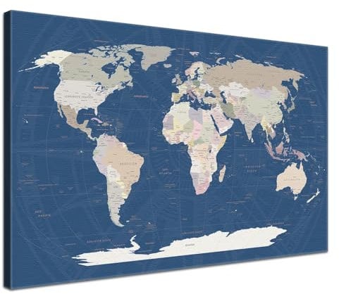 LANA KK Weltkarte-Pinnwand als Leinwandbild, pinne Deine Reisen und Erinnerungen – World Map Titan - Deutsch - Landkarten-Wandbild in blau, 80 x 60 cm
