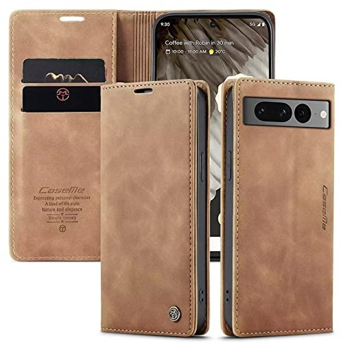 CaseMe Hülle für Google Pixel 7 Pro Vintage Dünne Handyhülle mit Kartenfach Geld Slot Ständer PU Ledertasche Flip Schutzhülle für Google Pixel 7 Pro- Braun