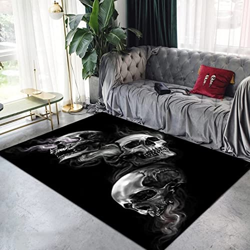 Xisnuient Moderne Rauch Schädel Area Rug Schwarz Grau Gothic Stil Männer Schlafzimmer Teppich Badezimmer Bodenmatte Großes Wohnzimmer Teppich Dekorative Tür Küche Teppich Matte Läufer (160x200 cm)