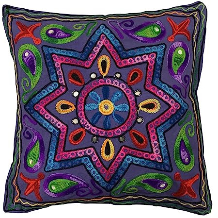 Original Kikan Boho Kissenbezug, Motiv: Suzani mit indischem Stern, 40 x 40 cm, mehrfarbige Stickerei, Ethno-Kissenbezüge, vegan, umweltfreundlich (Marineblau)