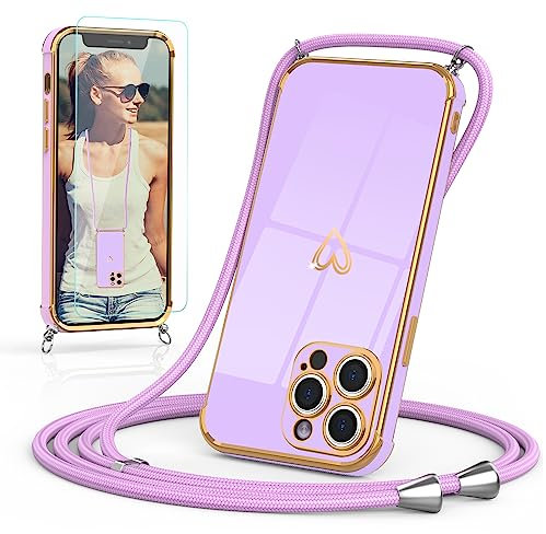 Togestar Handykette Hülle für iPhone 11 Pro Handyhülle mit Band und Schutzfolie, Kameraschutz Herz Love Design 360 Grad Stoßfeste Schutzhülle Silikon TPU mit Kordel zum Umhängen, Lila