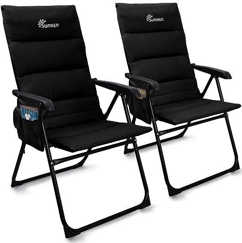 SUNMER Luxury Padded High Back Camping Recliner Chair- 5 Position Reclining Folding Deck Garden Fishing Chair - Set of 2, Black