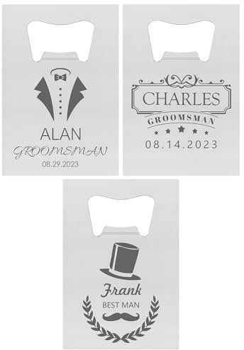 3PCS Personalised Bottle Openers Credit Card Size, Groomsmen Best Man Gifts for Wedding Bachelor Party, Stainless Steel Beer Bottle Opener, Silver