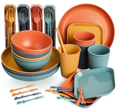 Sour Lemon Camping Geschirr Set, 52 Teiliges Unzerbrechliches Geschirr Set, Unzerbrechlich Picknick Geschirr Sets für 4 Personen Picknick mit Tellerset, Schüssel, Becher, Besteck