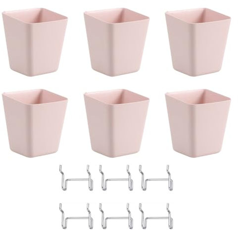 SagaSave Stecktafel-Becher, quadratischer Stecktafel-Wand-Organizer mit Haken, Stecktafel-Aufbewahrungsbox für Garage, Büro, Werkstatt, Werkbank, 6 Stück (Rosa)
