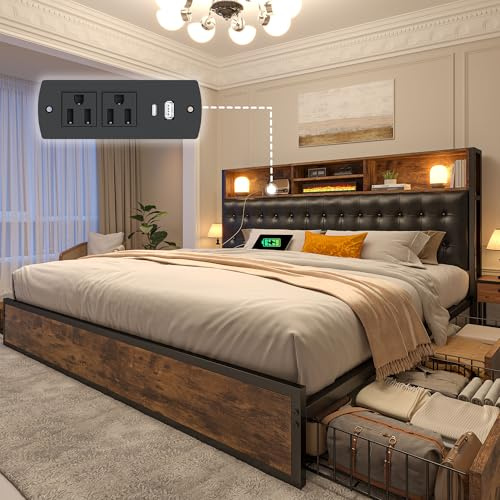 EnHomee King Size Bed Frame with 4 Drawers & Charge Station, Vintage Brown