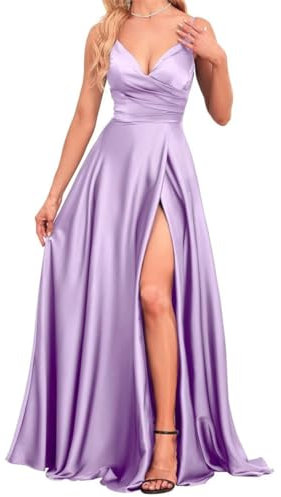 A-Line Bridesmaid Dresses for Wedding with Spaghetti Strap Satin Formal Evening Prom Gowns Lilac UK18