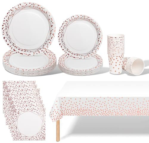 141PCS White Rose Gold Party Tableware Decorations for Kids Birthday,Disposable Party Tableware Set Tablecloth Table Covers,Paper Plates,Paper Napkins,Cups for Birthday Wedding Party