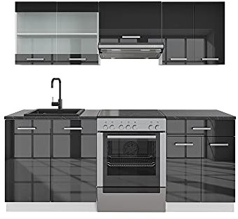 Vicco Küchenzeile R-Line, Anthrazit Hochglanz/Weiß, 200 cm, AP Anthrazit