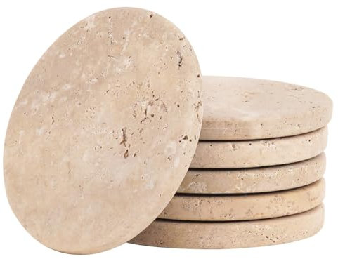 Travertin Lot de 6 dessous de verre ronds en pierre naturelle pour tasses et verres, 9,5 cm, résistants à la chaleur pour table basse et table à manger
