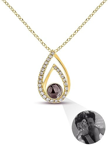 Auinniuz Gedenk Fotokette aus Sterling Silber – Projektionskette mit individuellem Bild – Halskette mit Foto Innen Gold