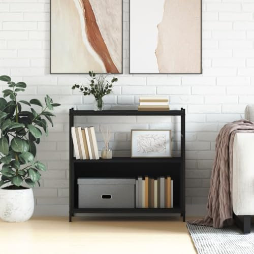 Homgoday Schwarzes Bücherregal 80 x 30 x 78,5 cm aus mehrschichtigem Holz und Eisen, Bücherregal, Vitrine, vertikales Bücherregal, platzsparend, Standregal für Wohnzimmer, Arbeitszimmer