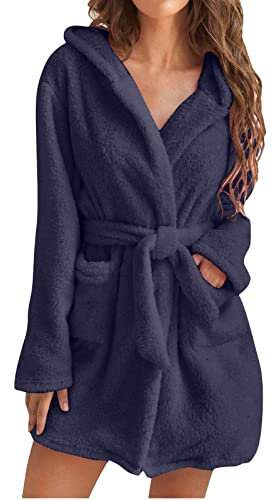 IQYU Bathrobe Women's Fluffy XXL Sauna Gown with Hood Short Dressing Gown Fleece House Coat Cuddly Bathrobes Winter Soft Loungewear Plush with Belt Nightdress Sleepwear Loungewear, navy, M