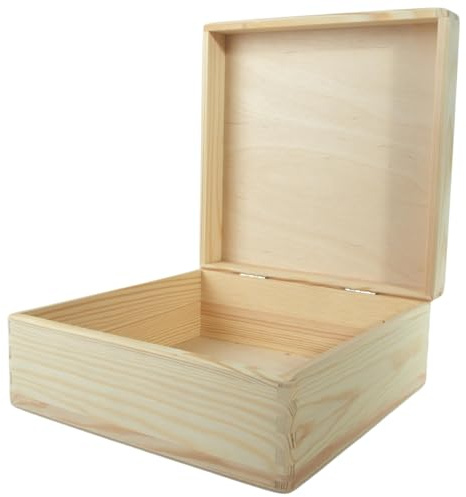 WooDeeDoo Medium Square Wooden Storage Box with Lid – Unfinished Pine Keepsake Craft Gift Chest for DIY Decoration Memory Tokens Letters Accessories Rustic Home Organisation – 25 x 25 x 10.5 cm
