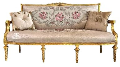 CasAmin Home & Living 3-Sitzer-Sofa Französische Couch im Antiken Stil, Florales Jacquard Damast Gold-Finish Lounge Sofa im Retro-Barock-Stil, Möbel, Geschenk für die Inneneinrichtung