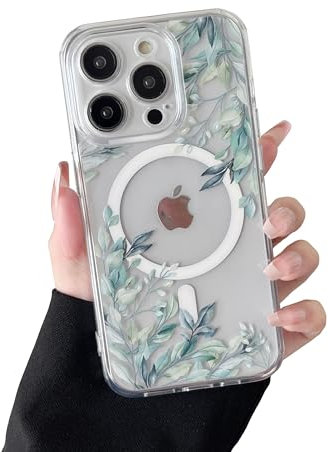 RALEAVO Magnetisch Hülle für iPhone 14 Pro 6,1 Zoll Kompatibel mit MagSafe Kabellosem Laden, Silikon Niedlich Blumen Hülle Transparent Stoßfest Schutzhülle für iPhone 14 Pro-Blätter