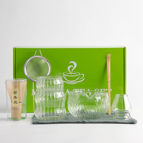 7Pcs Japanese Matcha Bowl Set Matcha Whisk Clear Glass Matcha Set Matcha Making Kit with Matcha Bowl Matcha Cup Matcha Whisk & Holder Sifter Scoop Gifts for Tea Lovers