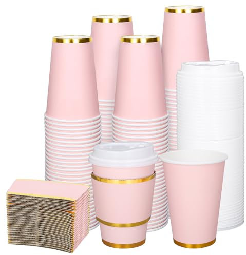 JarThenaAMCS 50Pcs Light Pink Disposable Coffee Cups with Lids and Sleeves 12Oz Foil Gold Border Pink Party Paper Tableware for Wedding Holiday Picnic Birthday Party Bridal Favor Coffee Beverage Tea