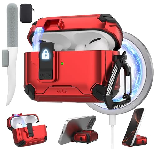 Maxjoy Hülle für AirPods Pro 2 mit Magnetverschluss, Rot | Hülle für AirPods Pro 2 mit Reinigungsset & Handyhalter, Karabiner, Aufbewahrungstasche, Magnetisches Laden, Sturzschutz
