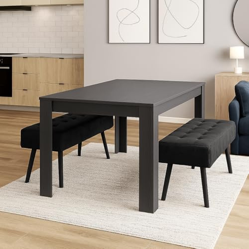 KOSY KOALA Dark Grey Wooden Dining Set with Velvet Chairs and 2 Benches, Stylish Arrow Design