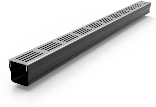 Alusthetic Mini PVC Threshold Drainage Channel with Anodized Aluminium Grating | Outdoor Garden Drainage Systems | Drainage Channels and Grating | Soakaway Storm Drain Channel (1 x 1m Length) (Silver)