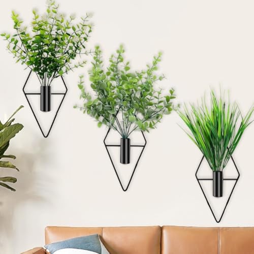 Ruioomeep Wandvasen in Diamant Form mit Künstlich Wasserpflanzen Metall Blumenampel,Künstliche Hängepflanzen mit Töpfen für Pflanzen Innen Geometrisch Modern Blumentopf zum Hängen(3 Stück)