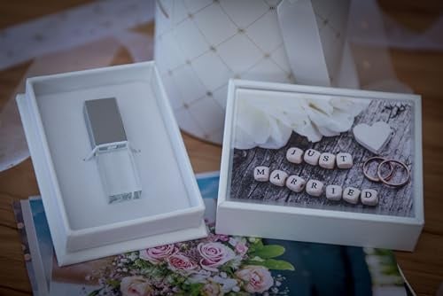 Kristall USB-Stick mit Box. Hochzeitsmotiv – Edles Design mit Gravur Wedding. Hochzeitdesign, ideal als Hochzeitsgeschenk oder für Erinnerungsfotos. USB 3.0 (Box Weiss, 8GB)
