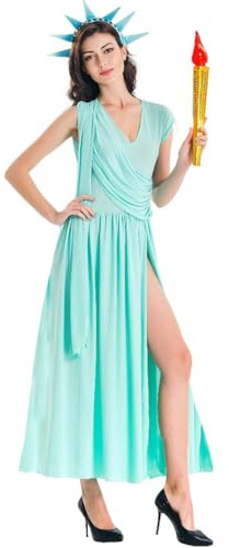 Duohropke Costume da donna statua della Libertà 3 pezzi vestito mantello diadema e torcia americana abbigliamento per Halloween Carnevale e feste patriottiche ideale per donne costumi divertenti