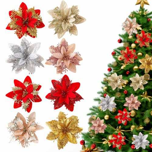 GXGM 24 Stück Weihnachten Glitzer Weihnachtsstern Blumen mit Clips, Poinsettia Weihnachtsstern Blumen für Glitter Weihnachtsbaum Dekorationen