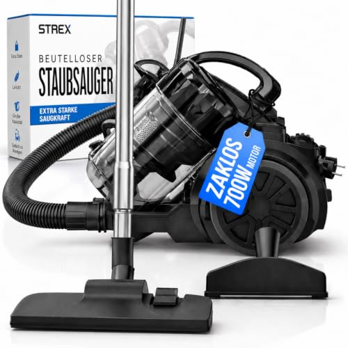 Strex Aspirateur Sans Sac - Aspirateur Sans Sac Puissant 700W - Filtre HEPA - Réservoir à poussière 2.5L - Cordon Extra Long - Comprend 4 Accessoires