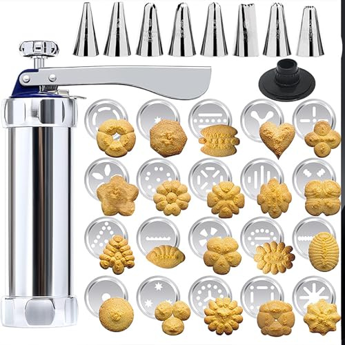 Gebäckpresse, Keksmaschine, Teigpresse aus Edelstahl, Gadgets Zum Keksbacken, mit 20 Schablonen und 8 Tüclen Plätzchenpresse, Spritzgebäck Maschine, Zum Backen von Keksen und Dekorieren von Kuchen