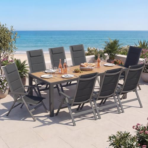 Devoko Gartenmöbel Set 8 stühle mit Tisch, Bestehend aus 1 Aluminiumtisch und 8 Klappstühlen für balkonmöbel. 1 x 189 cm Gartentisch mit Holzmaserung, Terrassenmöbel-Set, Teakfarbe.