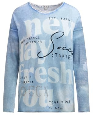SOCCX Damen Pullover mit All Over Print und Schmucksteinen Blue Heaven, L