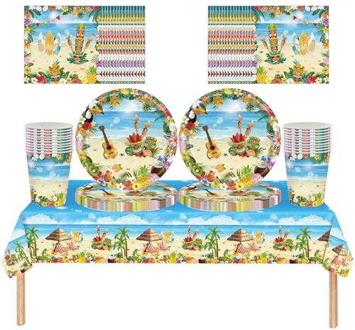 61 pièces Set de vaisselle d'anniversaire pour enfants style hawaïen, motif marin, comprenant des assiettes en carton, des serviettes, des gobelets en carton et une nappe, fête sur la plage