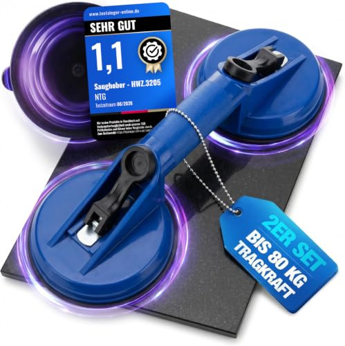 NTG Profi Saugheber 2er Set Doppelsaugnapf bis 80kg - Glas und Fliesenheber | 118 mm Saugteller - Vakuumheber für Fliesen und Metall - ergonomischer Scheibenheber im Set enthalten