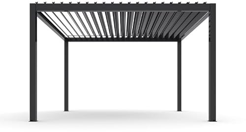 X-Metal Pergola Bioclimatique Autoportante en Aluminium Anthracite 398,7 x 398,7 cm, Hauteur 234 cm, Lames Doubles avec Télécommande