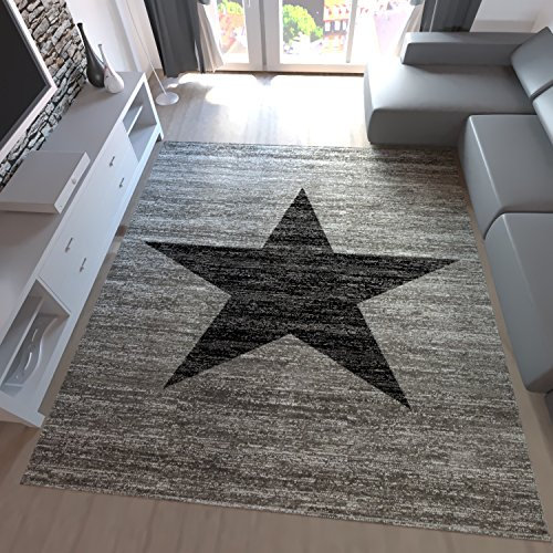 Kurzflor Teppich Wohnzimmer Stern Muster Meliert Rot Schwarz Beige Grau, Farbe:Grau, Maße:60x100 cm